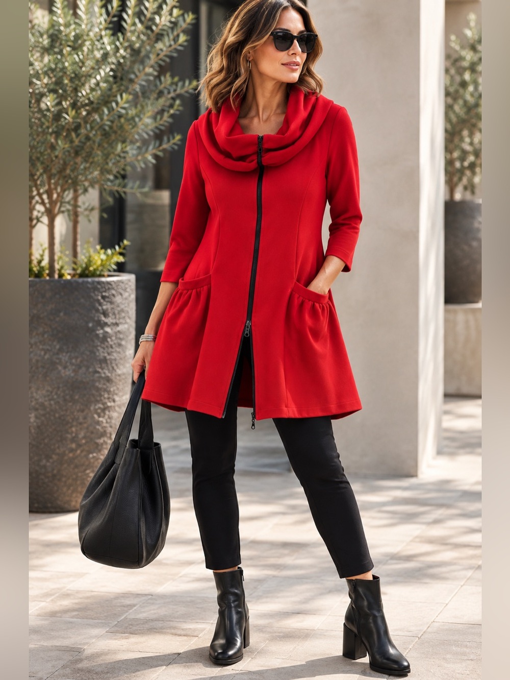 Comfy USA Ponte Cowl Neck Swing Jacket Red Zip Front Lagenlook Small Made USA